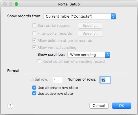 FileMaker 17 portal setup dialog